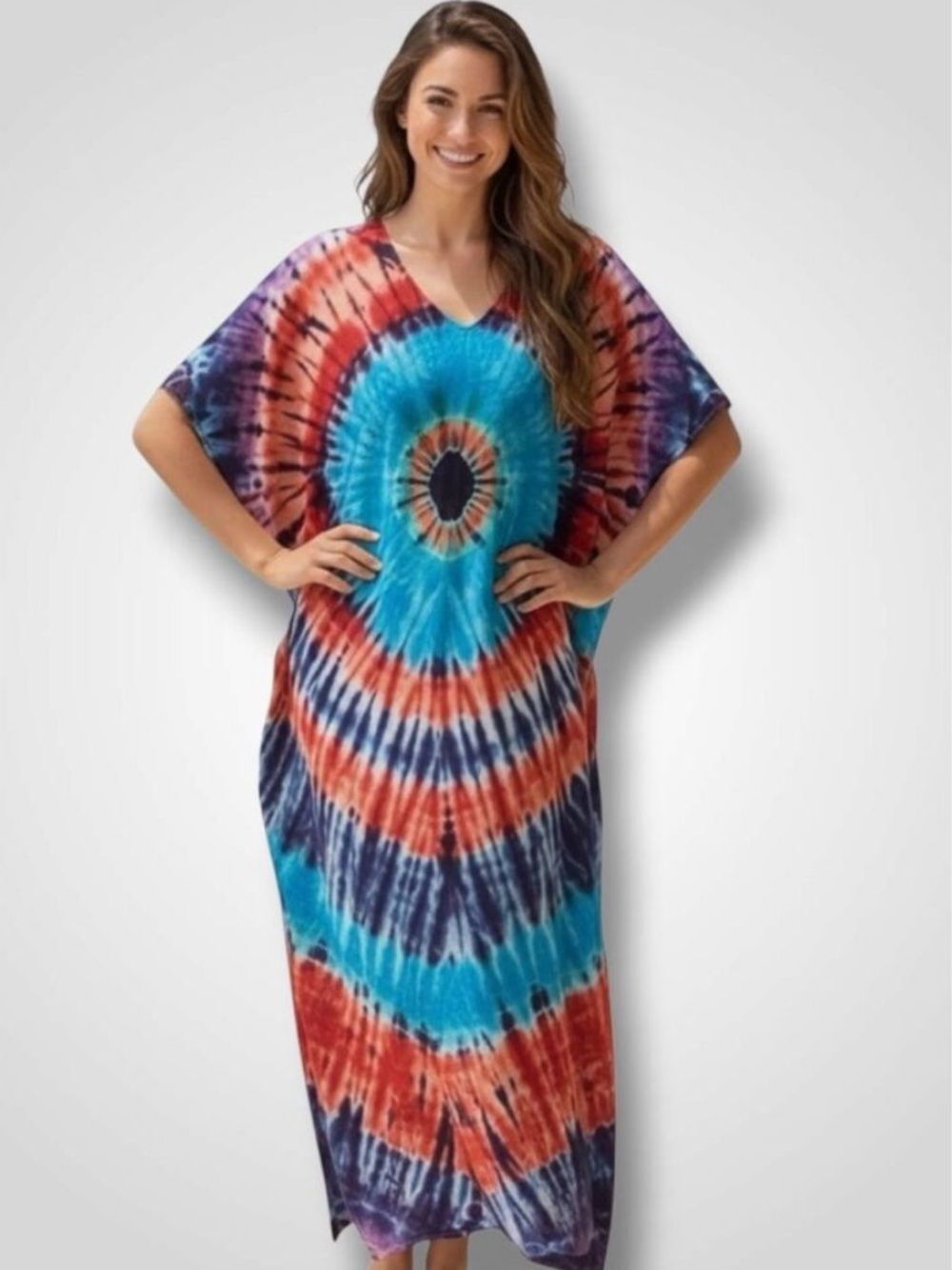V Neck Colorful Tie Dye Kaftan Maxi Dress Plus Size NWT
